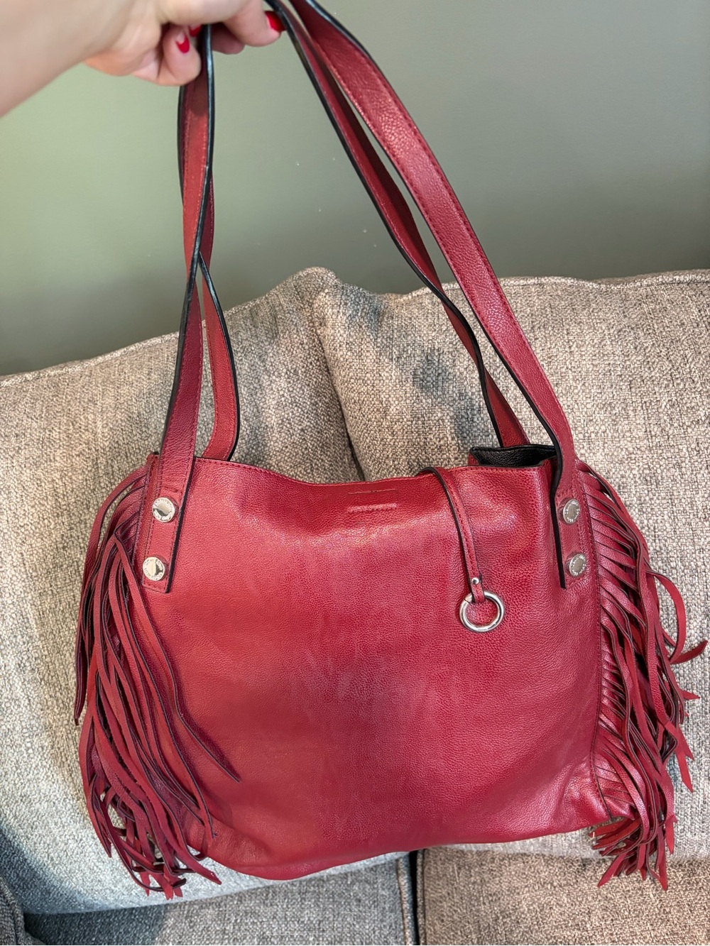 DKNY Red Fringe Leather Shoulder Tote